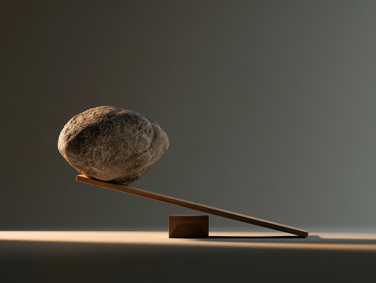 A large stone balanced on a wooden lever, weighing down one end